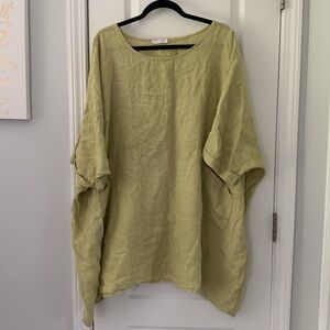 The Lino Lounge 100% Linen oversized neon green top Sz 3X Lagenlook made Italy